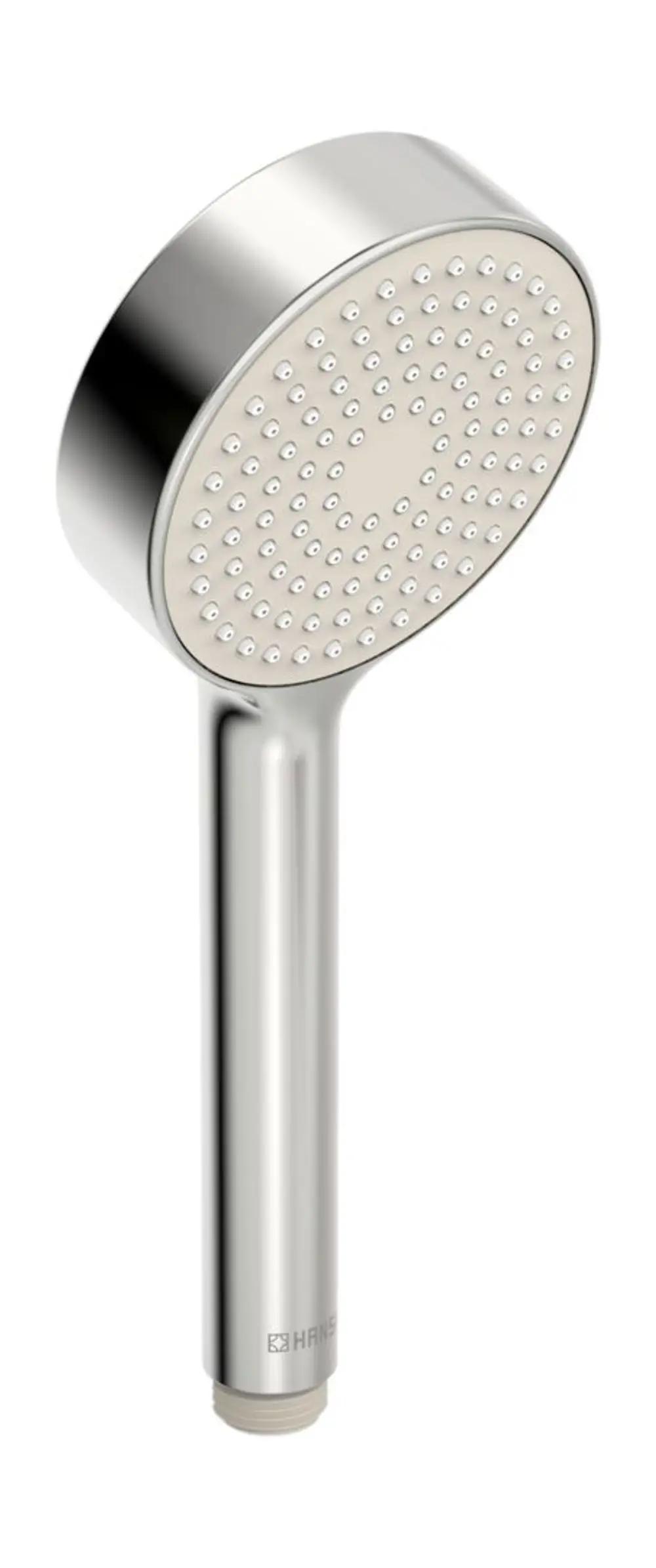 HANSABASICJET Handbrause in Chrom mit einem flachen, runden Kopf und gleichmäßigen Wasserlöchern. Die Brause hat eine schlanke Form und ist für die Wandmontage geeignet.